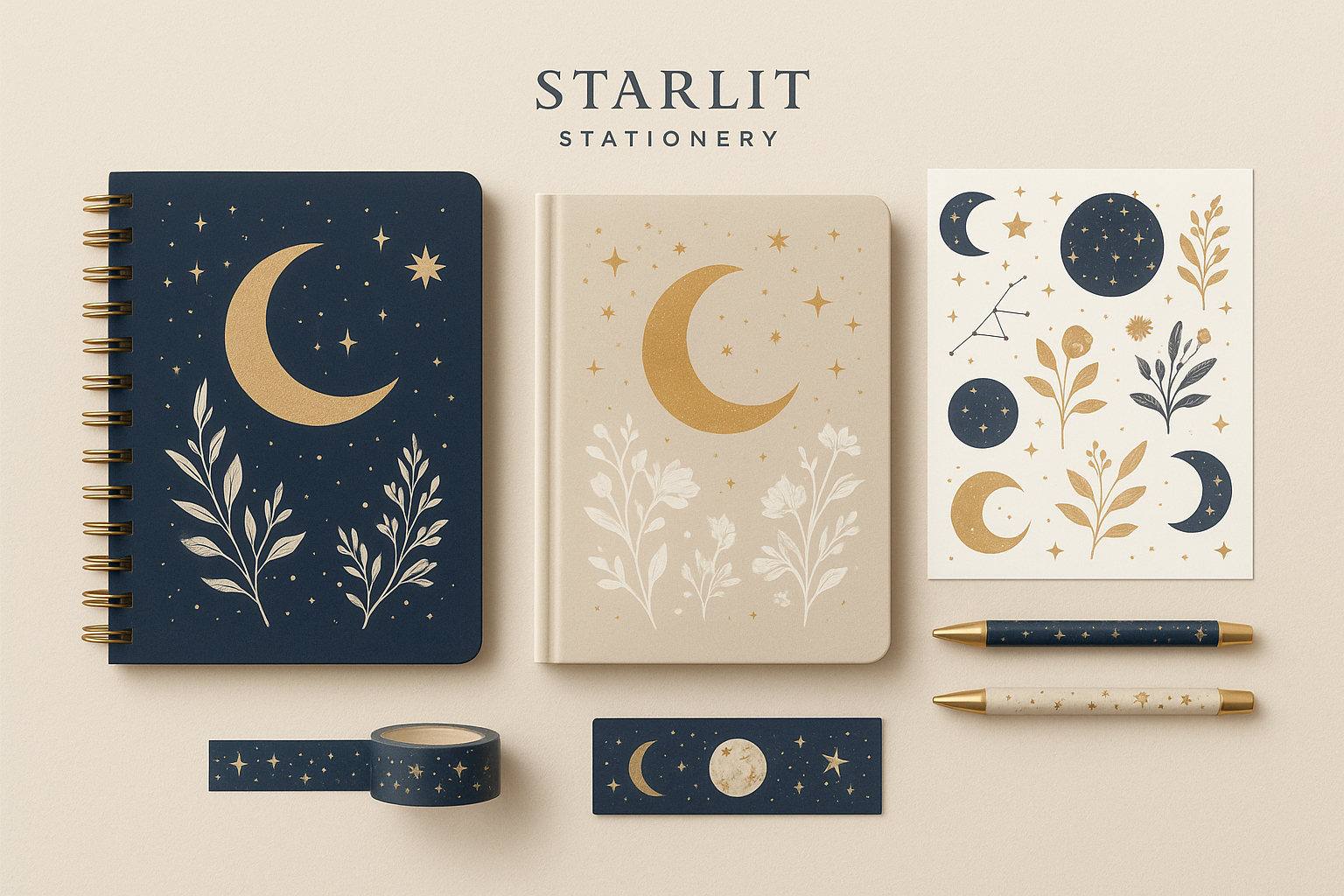 Notebooks in color scheme dark blue, gold and beige with stars, moons and branches as a design.